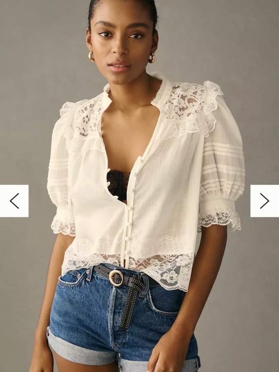 Anthropologie Tops - Anthropologie Cream Lace-Trim Puff Sleeve Blouse